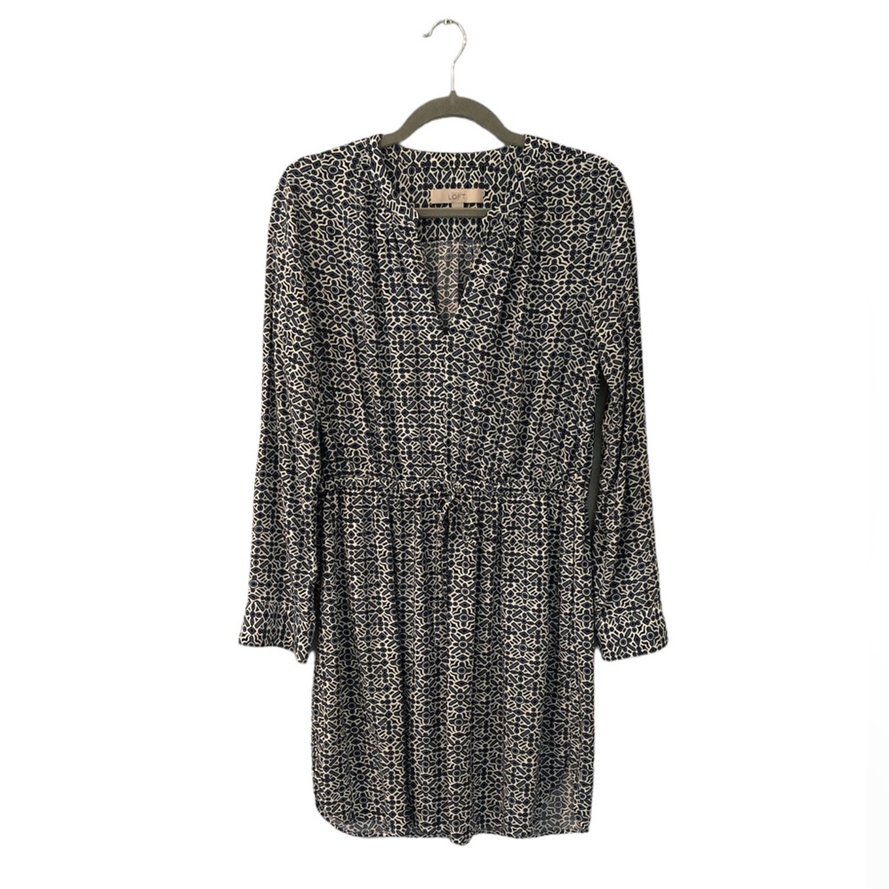 Loft Women’s Shirtdress V Neck Drawstring Waist Long Sleeve Side Pockets Blues